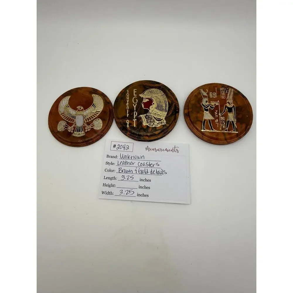 Vtg Egyptian Camel Leather Brown‎ w/ Gold Detail Set of 5 Coasters Drinkware